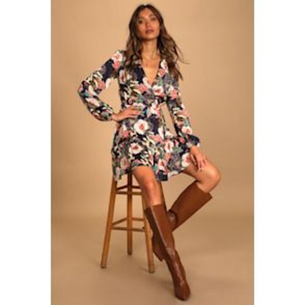 Lulu's Floral Wrap Dress - Navy and Pink